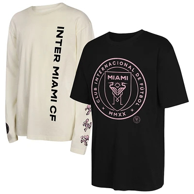 Ensemble de 2 t-shirts à manches longues et courtes Triple Dip noir/beige pour jeunes Inter Miami CF