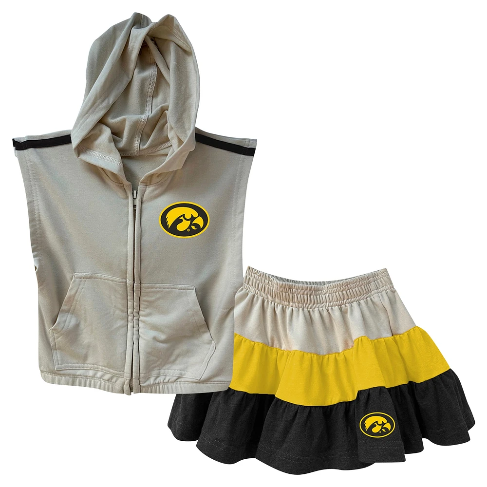 Girls Toddler Wes & Willy Tan Iowa Hawkeyes Tri-Blend Sleeveless Full-Zip Hoodie Tiered Skirt Set