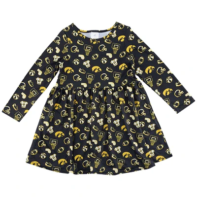 Girls Toddler ZooZatz Black Iowa Hawkeyes Allover Print Long Sleeve Dress