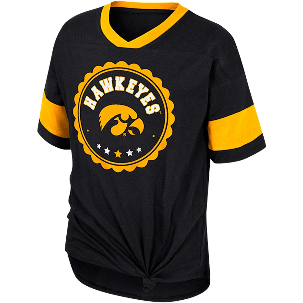 T-shirt à col en V noué sur le devant pour filles Colosseum noir Iowa Hawkeyes Tomika