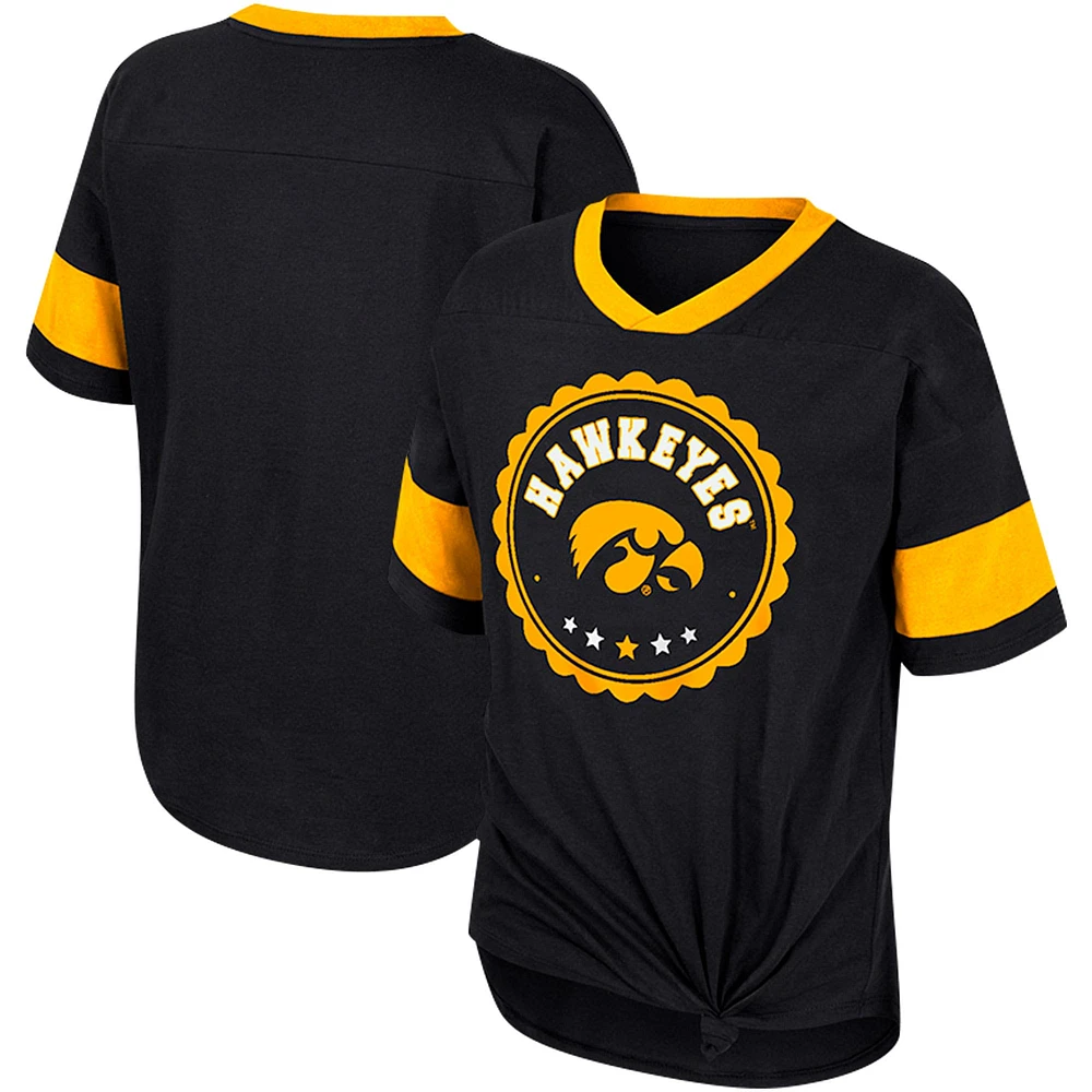 T-shirt à col en V noué sur le devant pour filles Colosseum noir Iowa Hawkeyes Tomika