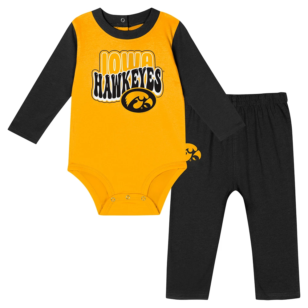 Infant Black Iowa Hawkeyes Double Up Long Sleeve Bodysuit & Pant Set