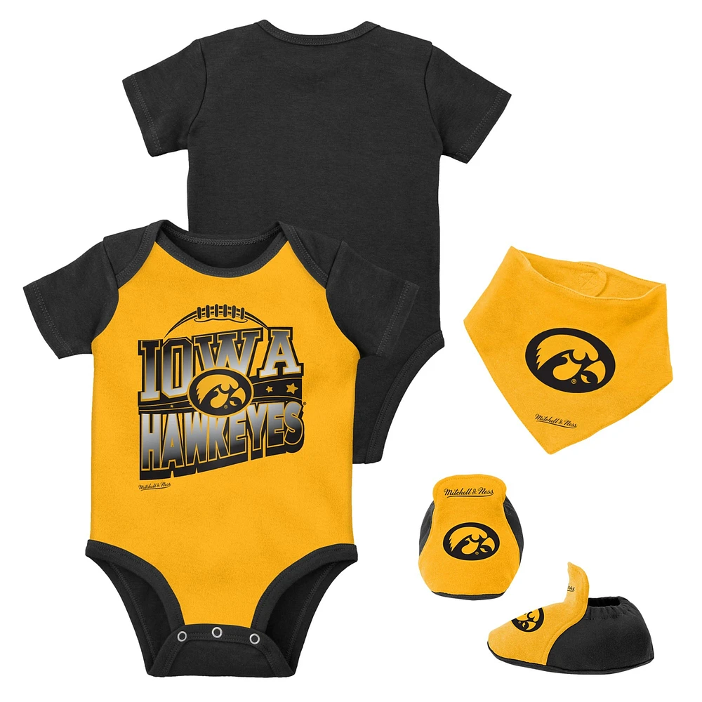 Infant Mitchell & Ness Black/Gold Iowa Hawkeyes 3-Pack Bodysuit, Bib and Bootie Set