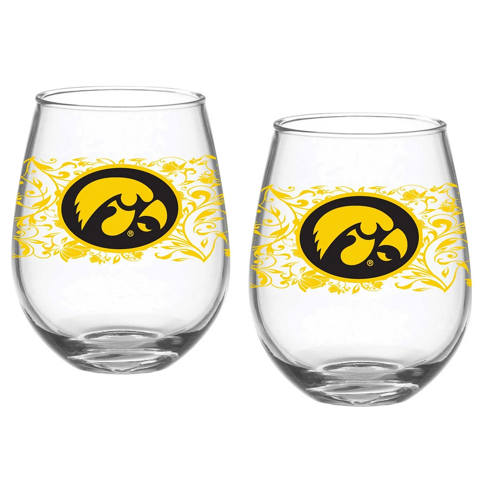 Pack de deux Hawkeyes de l'Iowa 15oz. Ensemble de verres floraux sans pied