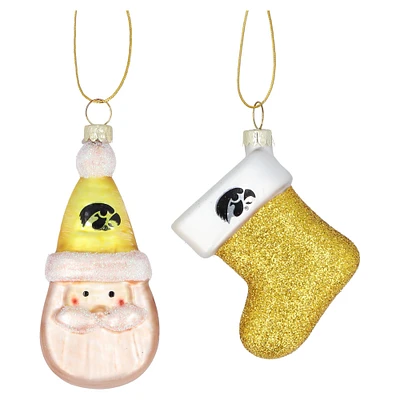 Iowa Hawkeyes Lot de deux décorations en verre soufflé Père Noël et bas