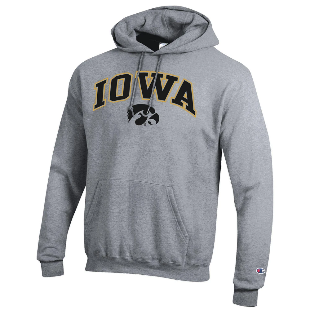 Men's Champion  Heather Gray Iowa Hawkeyes Arched Logo Fleece Pullover Hoodie