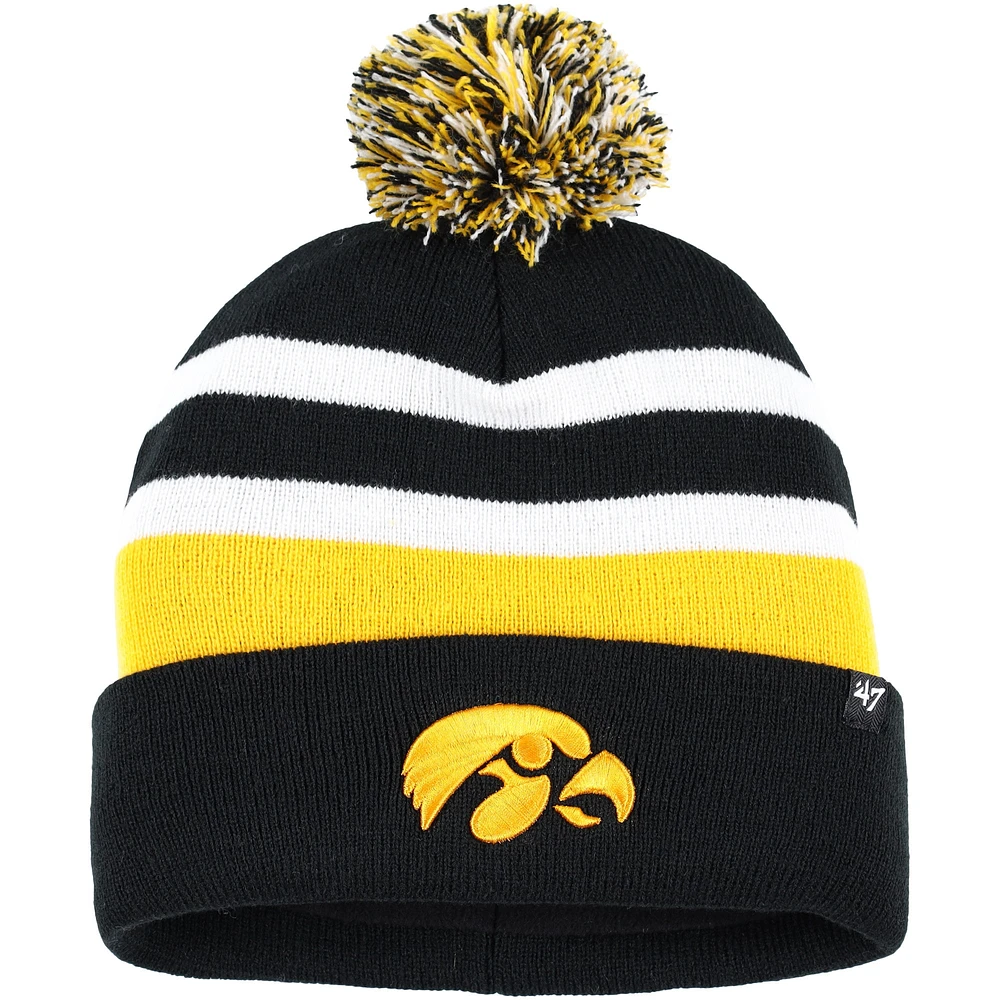 Men's '47 Black Iowa Hawkeyes State Line Cuffed Knit Hat with Pom