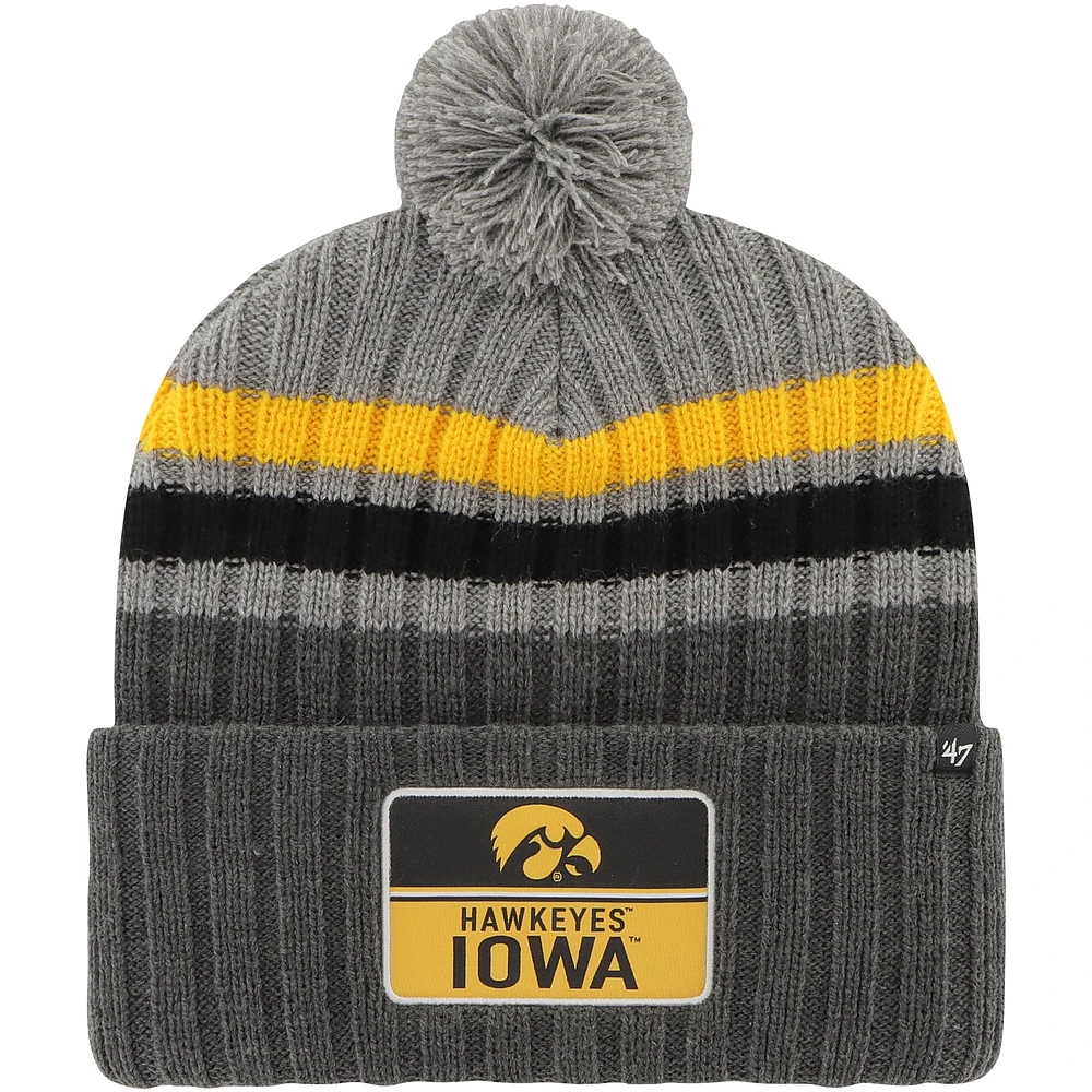 Bonnet en tricot à revers à rayures superposées '47 anthracite Iowa Hawkeyes pour hommes avec pompon