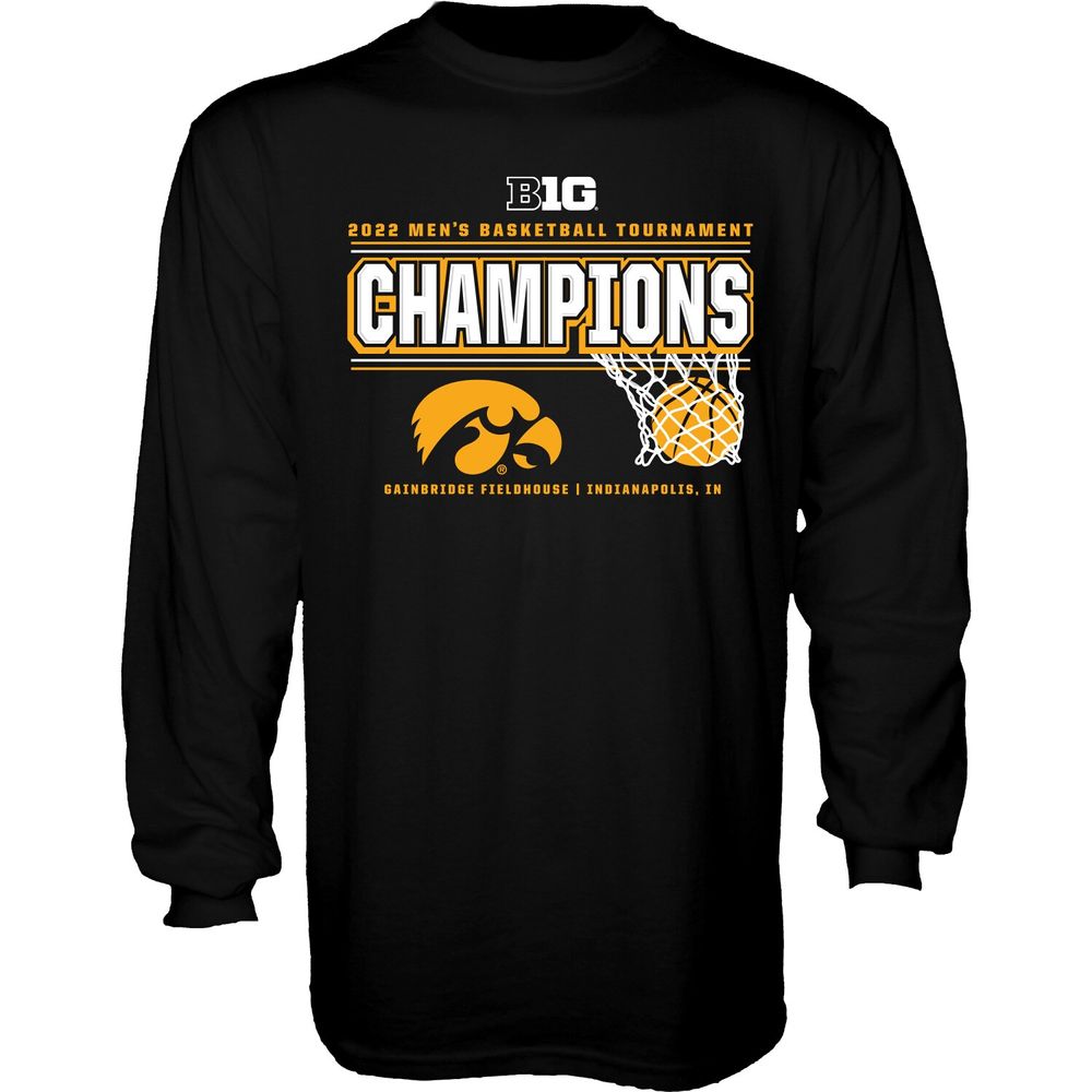 Men's Blue 84 Black Iowa Hawkeyes 2022 Big Ten Basketball Conference Tournament Champions Locker Room Long Sleeve T-Shirt