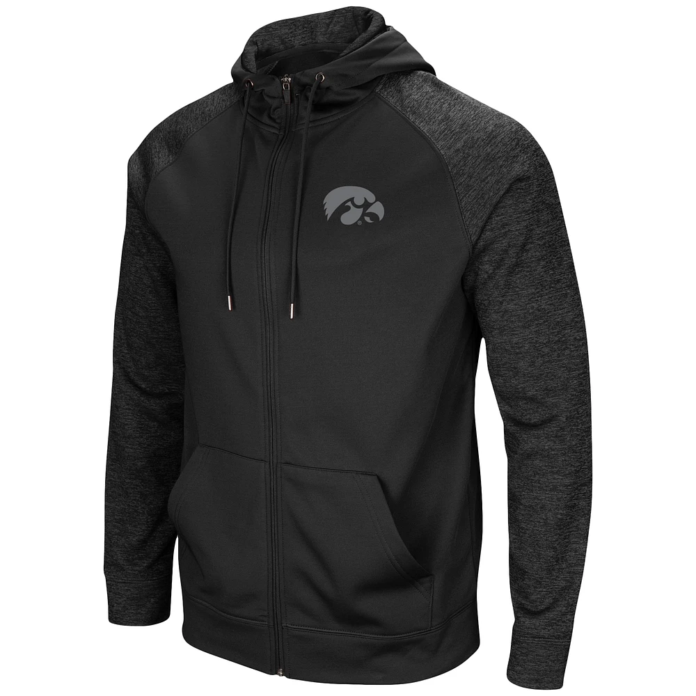 Men's Colosseum Black Iowa Hawkeyes Blackout 3.0 Tonal Raglan Full-Zip Hoodie