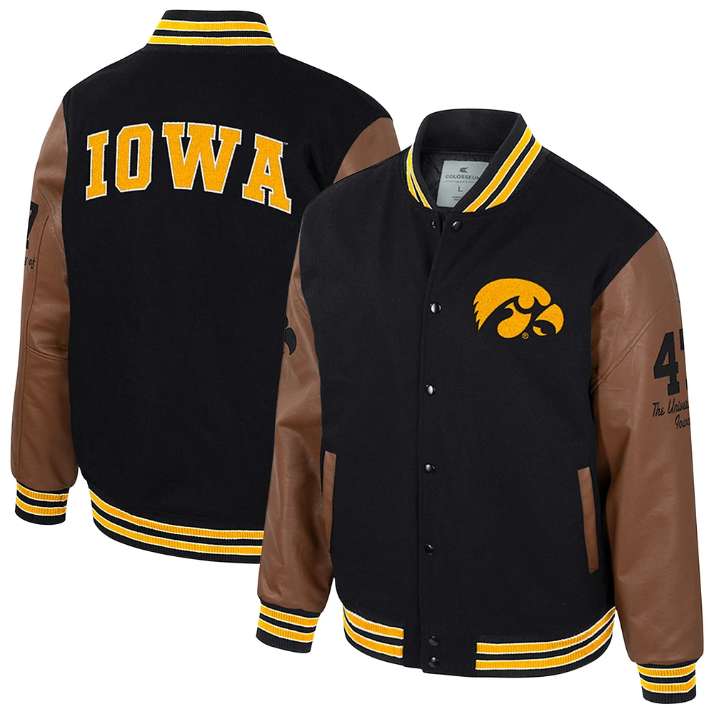 Veste universitaire Letterman noire Colosseum pour homme des Iowa Hawkeyes