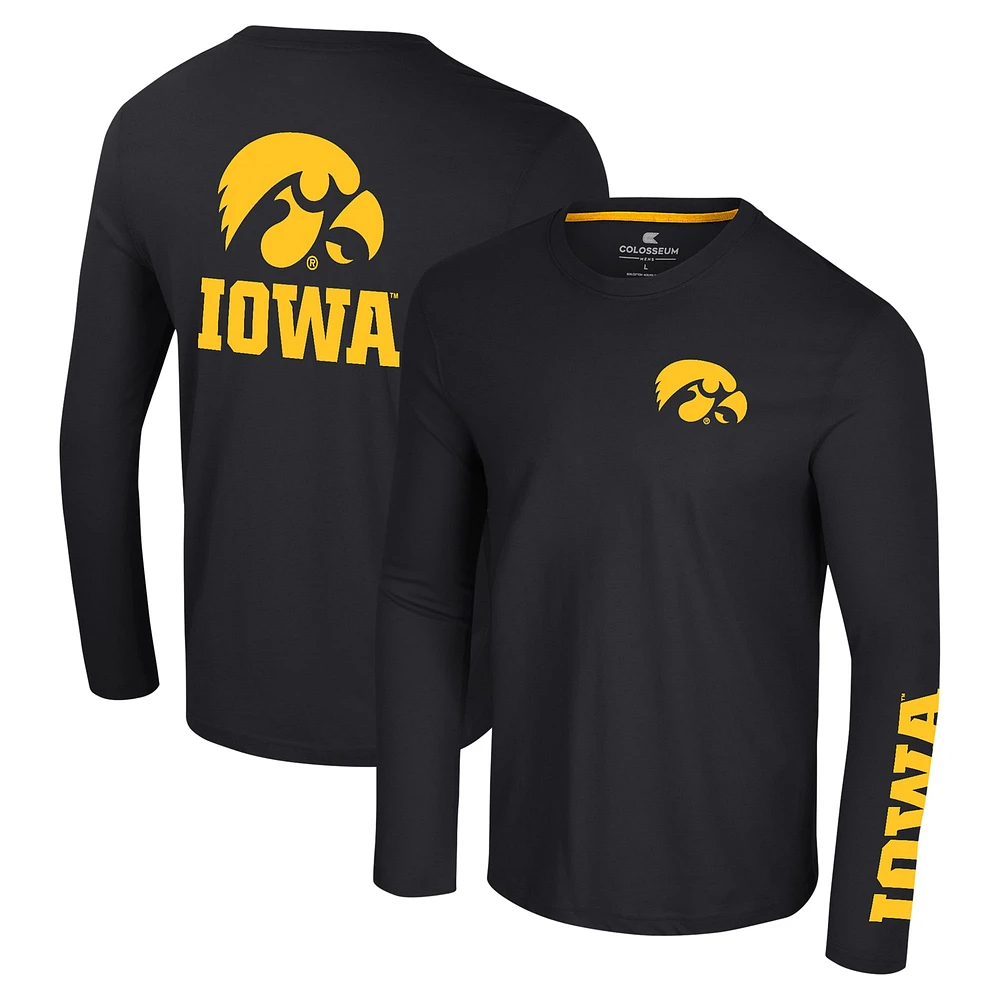 Men's Colosseum Black Iowa Hawkeyes Logo Lockup 3-Hit Active Blend Long Sleeve T-Shirt