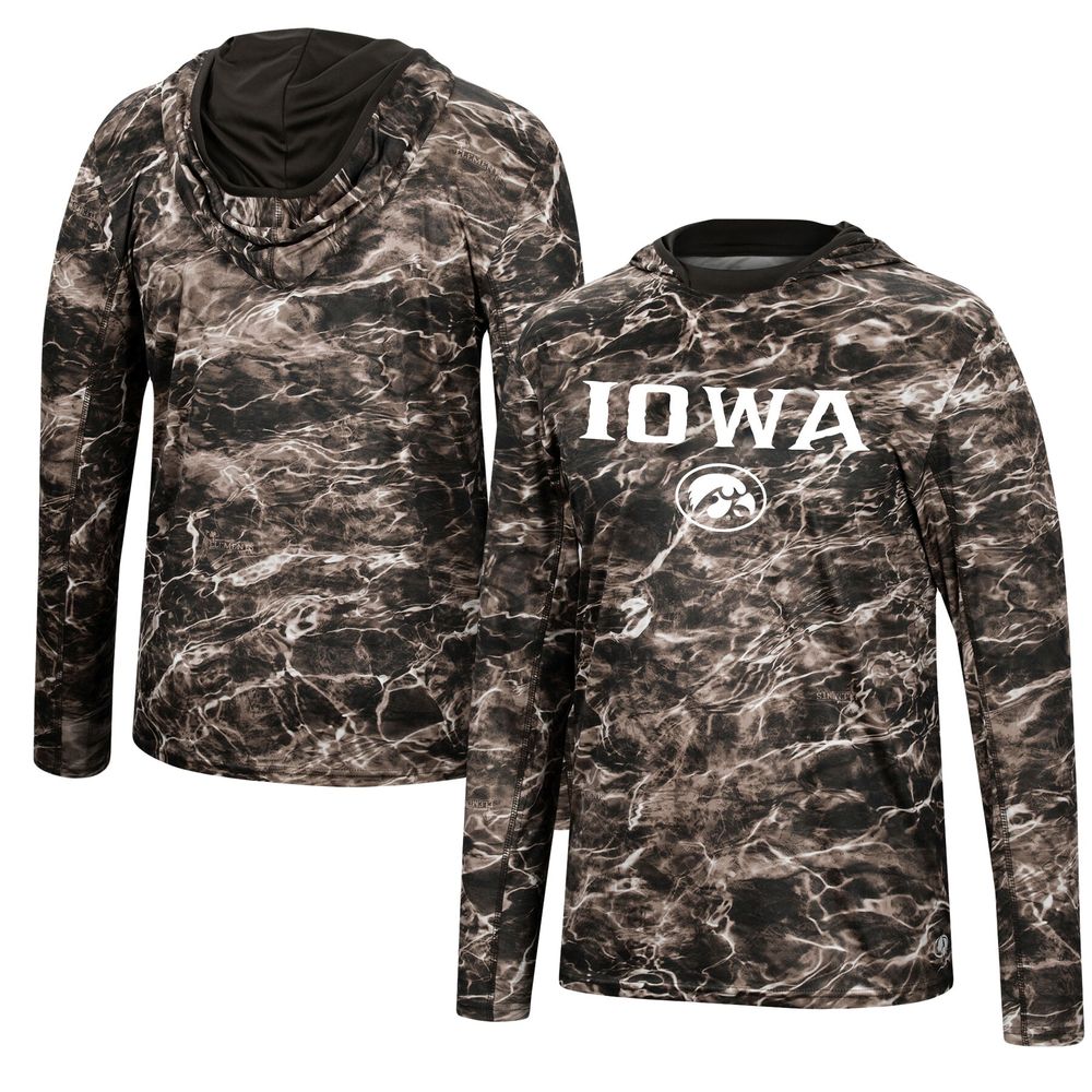 Men's Colosseum Black Iowa Hawkeyes Mossy Oak SPF 50 Performance Long Sleeve Hoodie T-Shirt