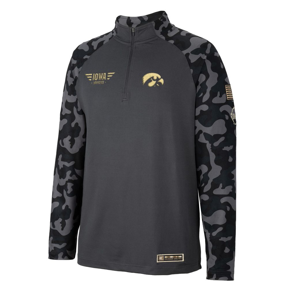 Men's Colosseum Charcoal Iowa Hawkeyes OHT Military Appreciation Long Range Raglan Quarter-Zip Jacket