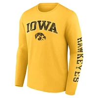 Men's Fanatics Gold Iowa Hawkeyes Distressed Arch Over Logo Long Sleeve T-Shirt