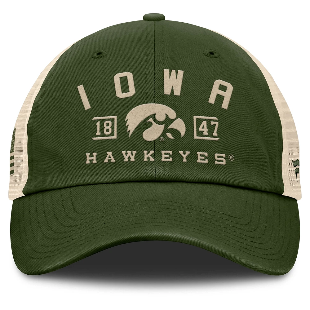 Men's Fanatics Olive Iowa Hawkeyes OHT Military Appreciation Frontier Trucker Adjustable Hat