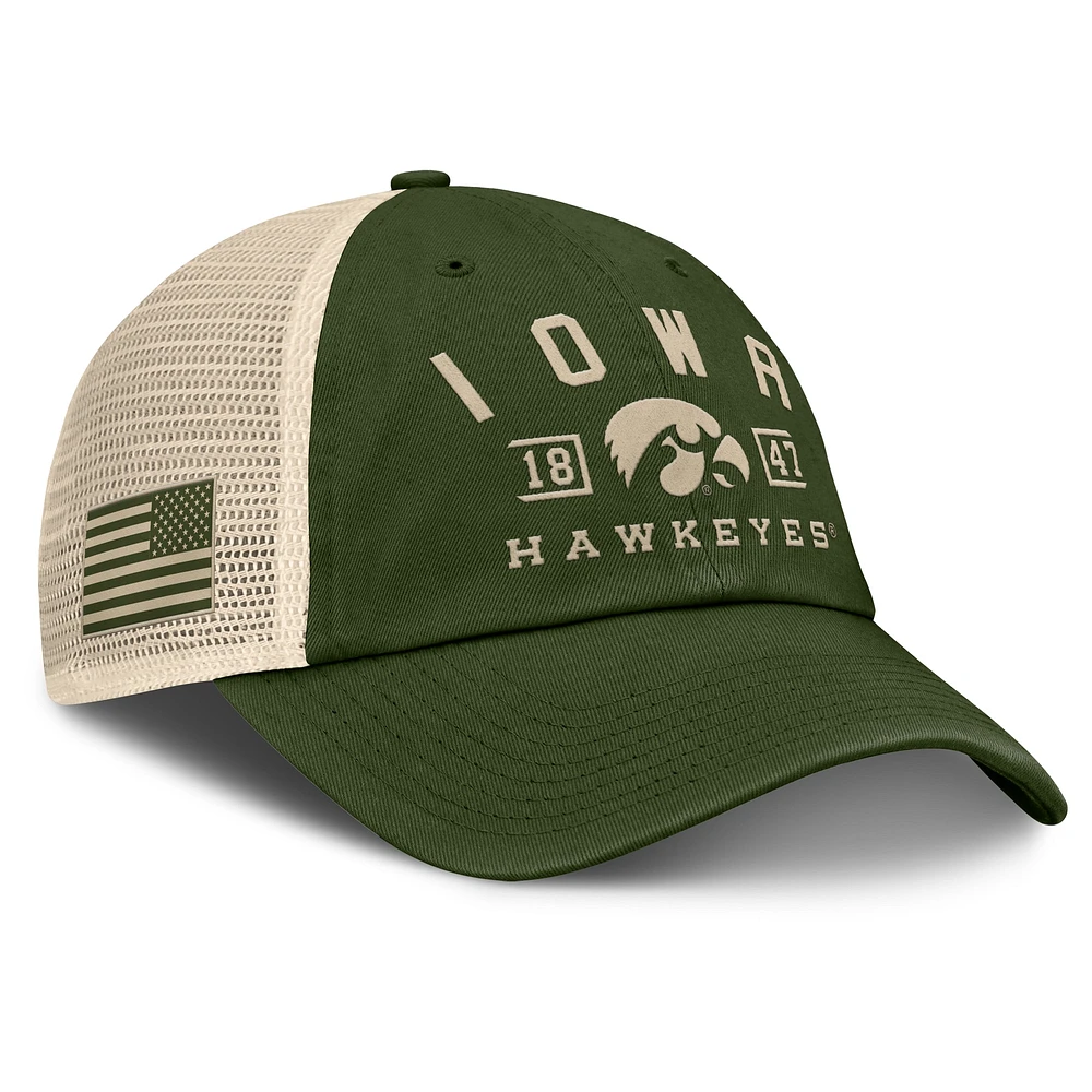 Men's Fanatics Olive Iowa Hawkeyes OHT Military Appreciation Frontier Trucker Adjustable Hat