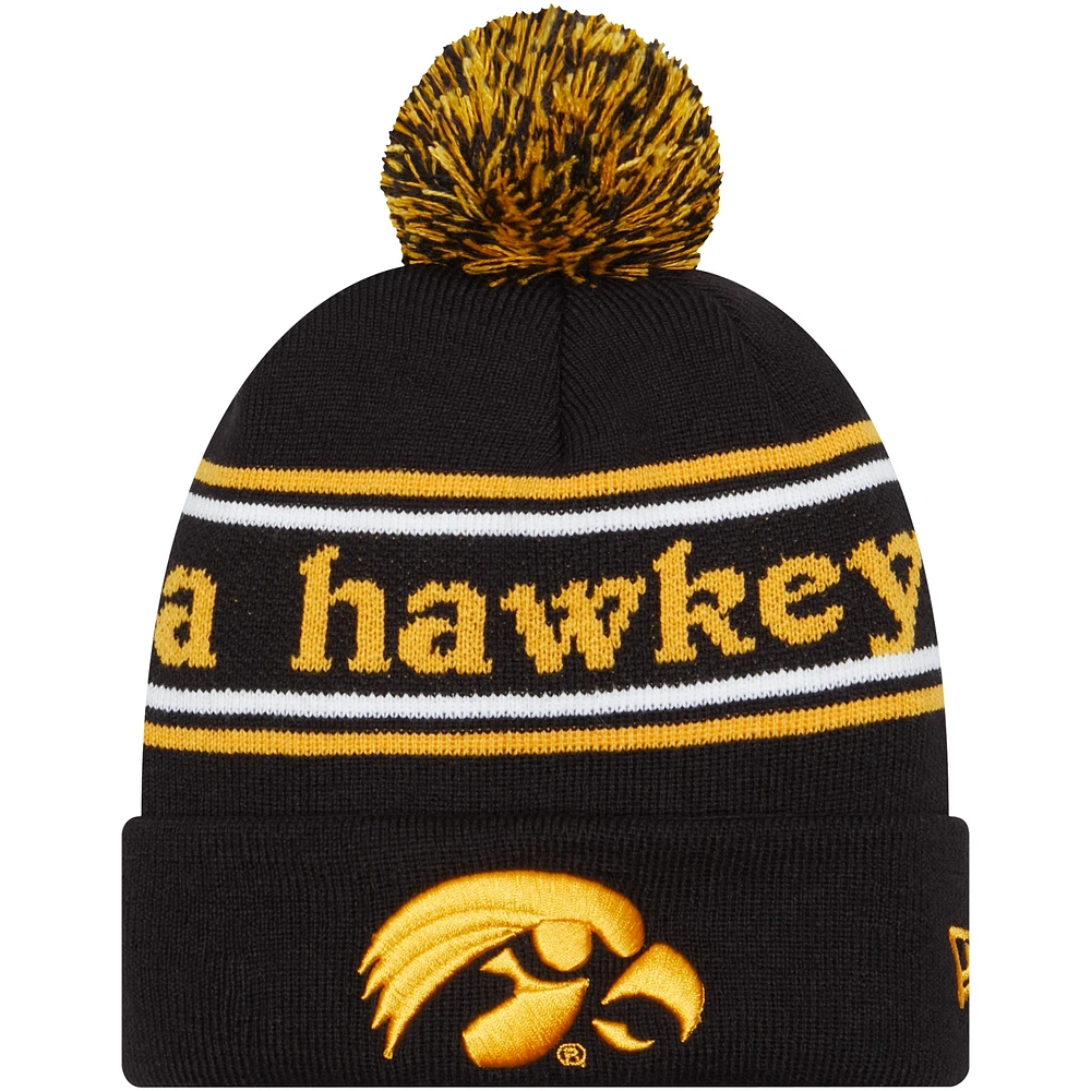 Bonnet en tricot à revers pour hommes New Era noir Iowa Hawkeyes Marquee avec pompon