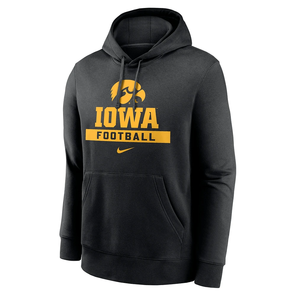 Men's Nike Black Iowa Hawkeyes Football Stack Club Fleece Pullover Hoodie