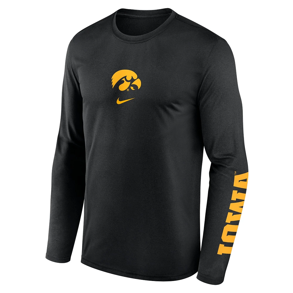 T-shirt à manches longues Nike pour homme Iowa Hawkeyes Primetime Center Lockup Two-Hit Legend noir