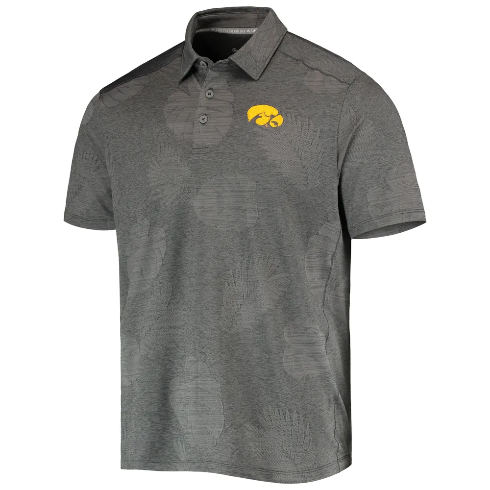 Men's Tommy Bahama Charcoal Iowa Hawkeyes Palm Coast Delray Frond IslandZone Allover Print Polo