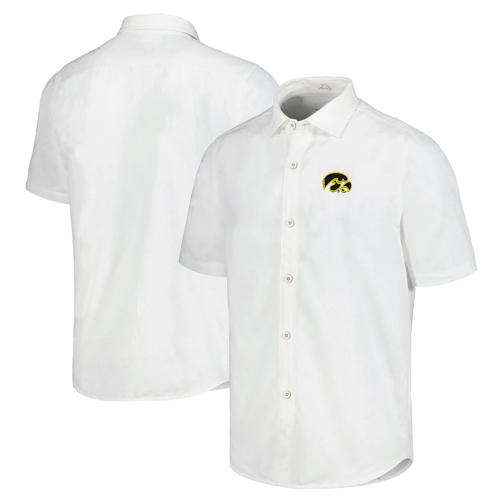 Chemise boutonnée Tommy Bahama blanche Iowa Hawkeyes Coconut Point Palm Vista IslandZone Camp pour hommes