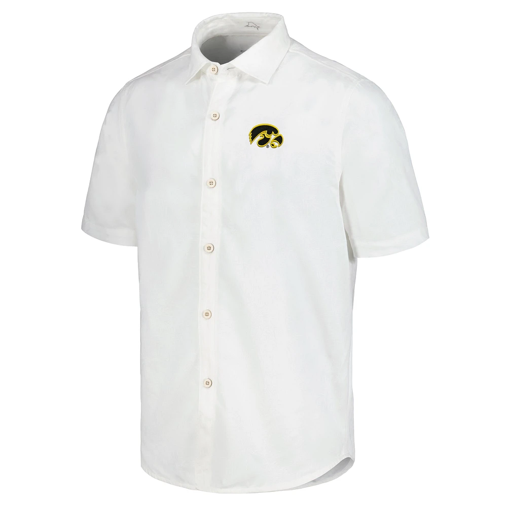 Chemise boutonnée Tommy Bahama blanche Iowa Hawkeyes Coconut Point Palm Vista IslandZone Camp pour hommes