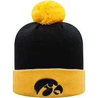 Bonnet pour hommes Top of the World noir/or Iowa Hawkeyes Core 2 tons à revers en tricot avec pompon