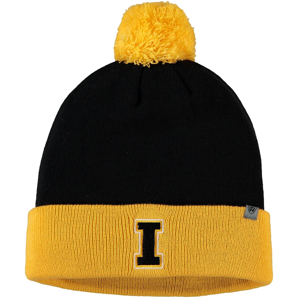 Bonnet pour hommes Top of the World noir/or Iowa Hawkeyes Core 2 tons à revers en tricot avec pompon