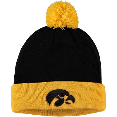 Bonnet pour hommes Top of the World noir/or Iowa Hawkeyes Core 2 tons à revers en tricot avec pompon
