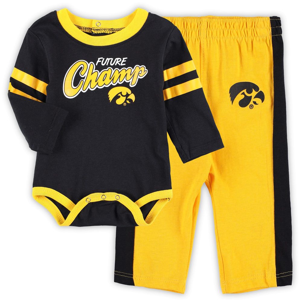 Newborn & Infant Black/Gold Iowa Hawkeyes Little Kicker Long Sleeve Bodysuit Sweatpants Set