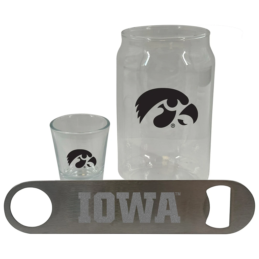 Ensemble de trois verres à bière Iowa Hawkeyes de The Memory Company, verre à liqueur de 2 oz et décapsuleur