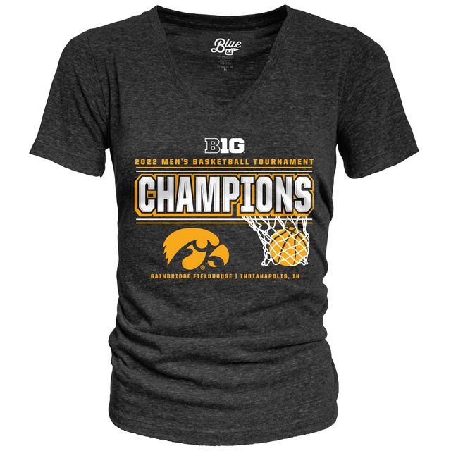 Femme Bleu 84 Heathered Black Iowa Hawkeyes 2022 Big Ten Men's Basketball Conference Tournament Champions Vestiaire T-shirt à col en V