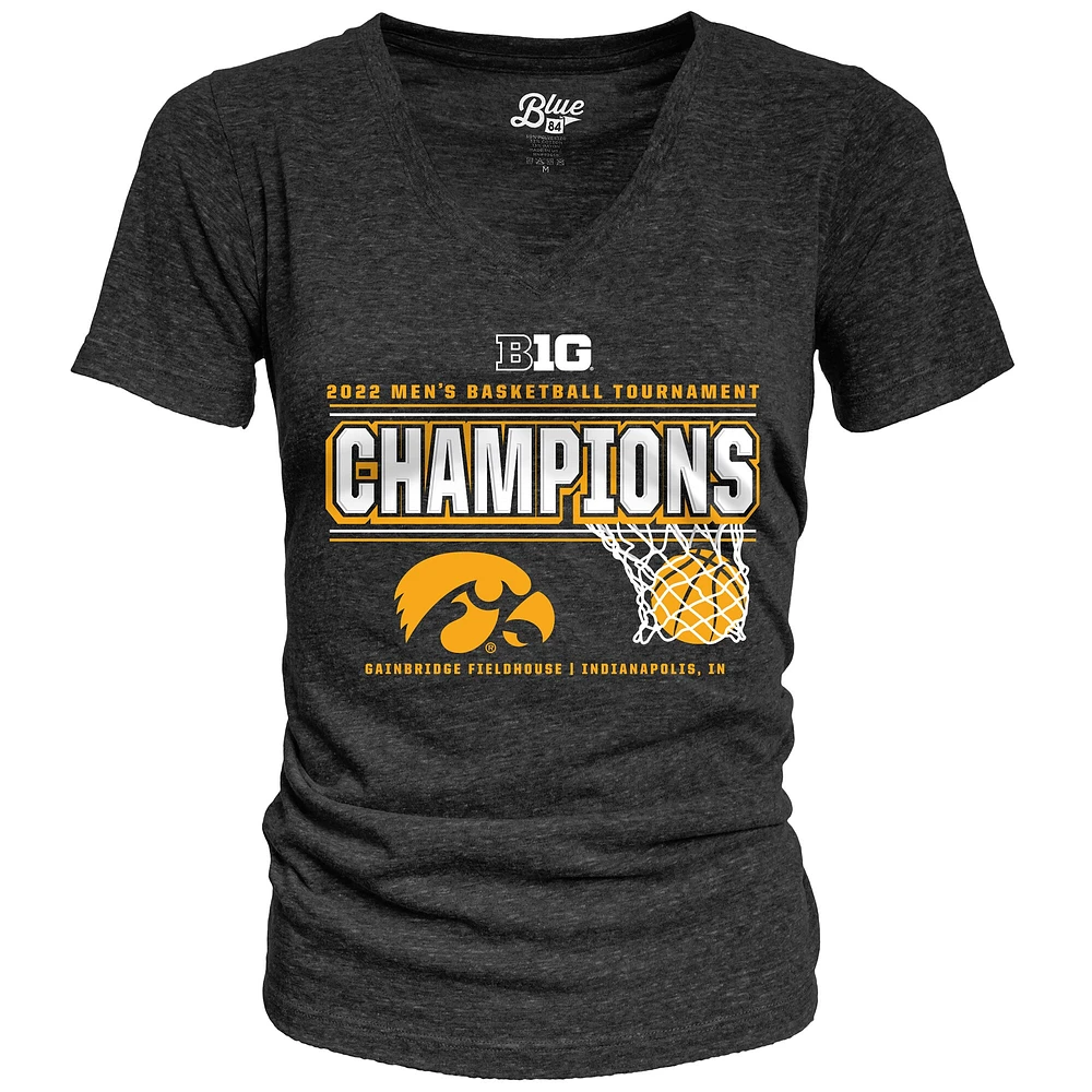 Women's Blue 84 Heathered Black Iowa Hawkeyes 2022 Big Ten Men's Basketball Conference Tournament Champions Locker Room V-Neck T-Shirt