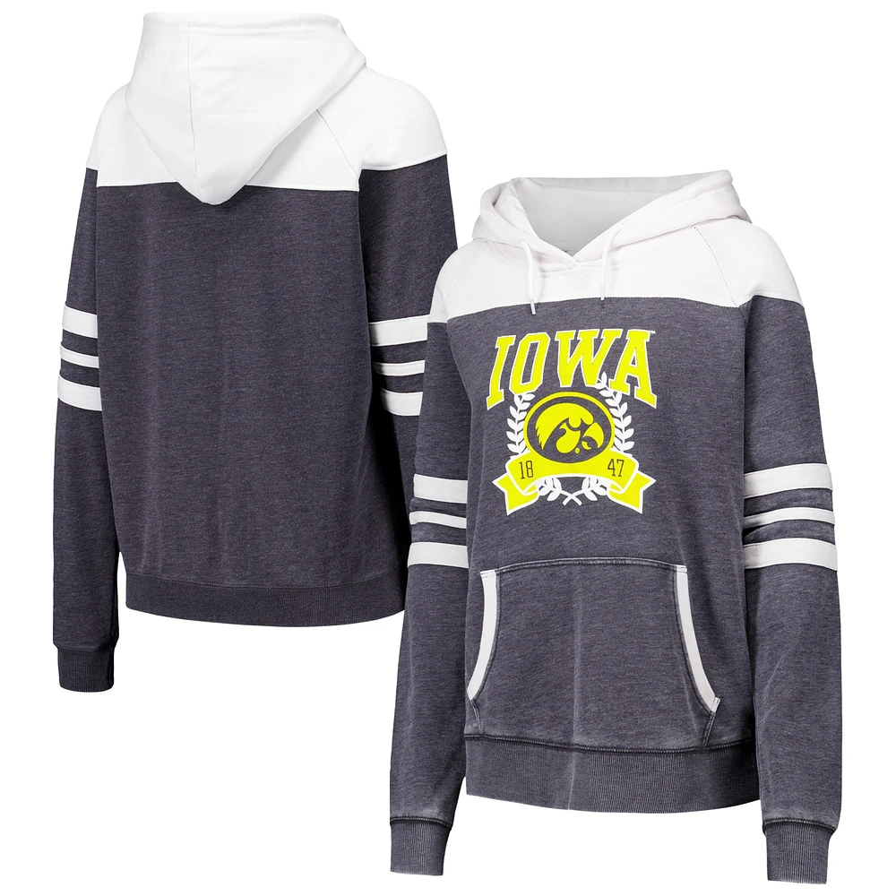 Women's Charcoal Iowa Hawkeyes Blitz Striped Blocked Raglan Pullover Hoodie