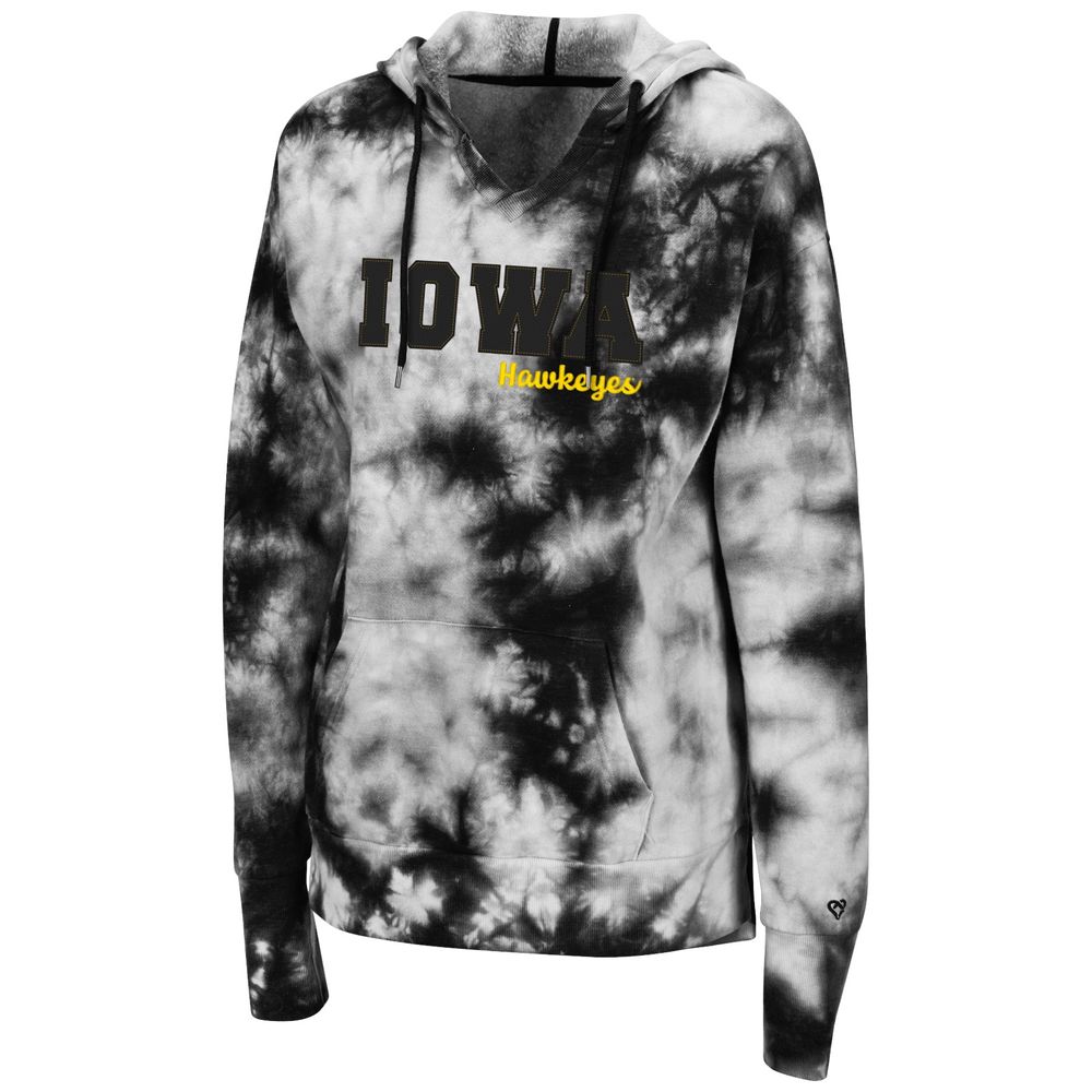 Women's Colosseum Black Iowa Hawkeyes Shavonee Tie-Dye Pullover Hoodie