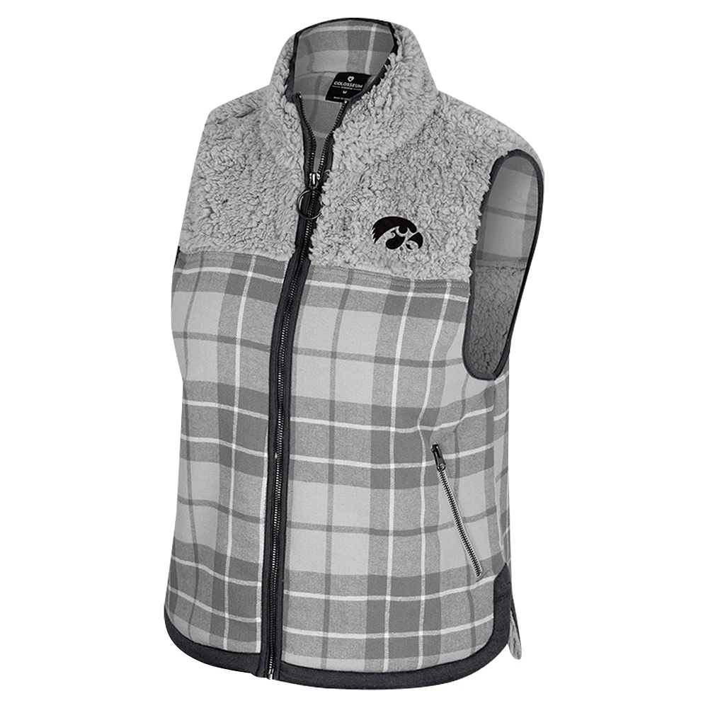 Women's Colosseum Gray Iowa Hawkeyes Matilda Sherpa Plaid Full-Zip Vest