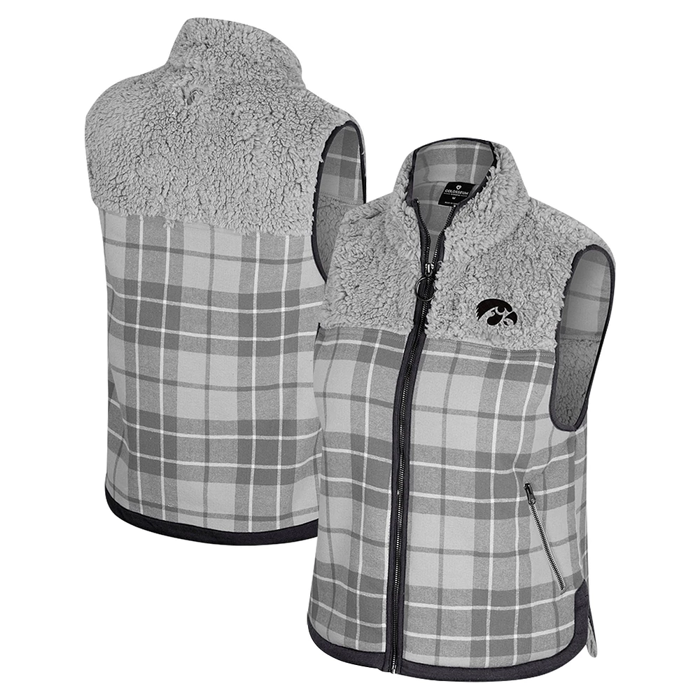 Women's Colosseum Gray Iowa Hawkeyes Matilda Sherpa Plaid Full-Zip Vest