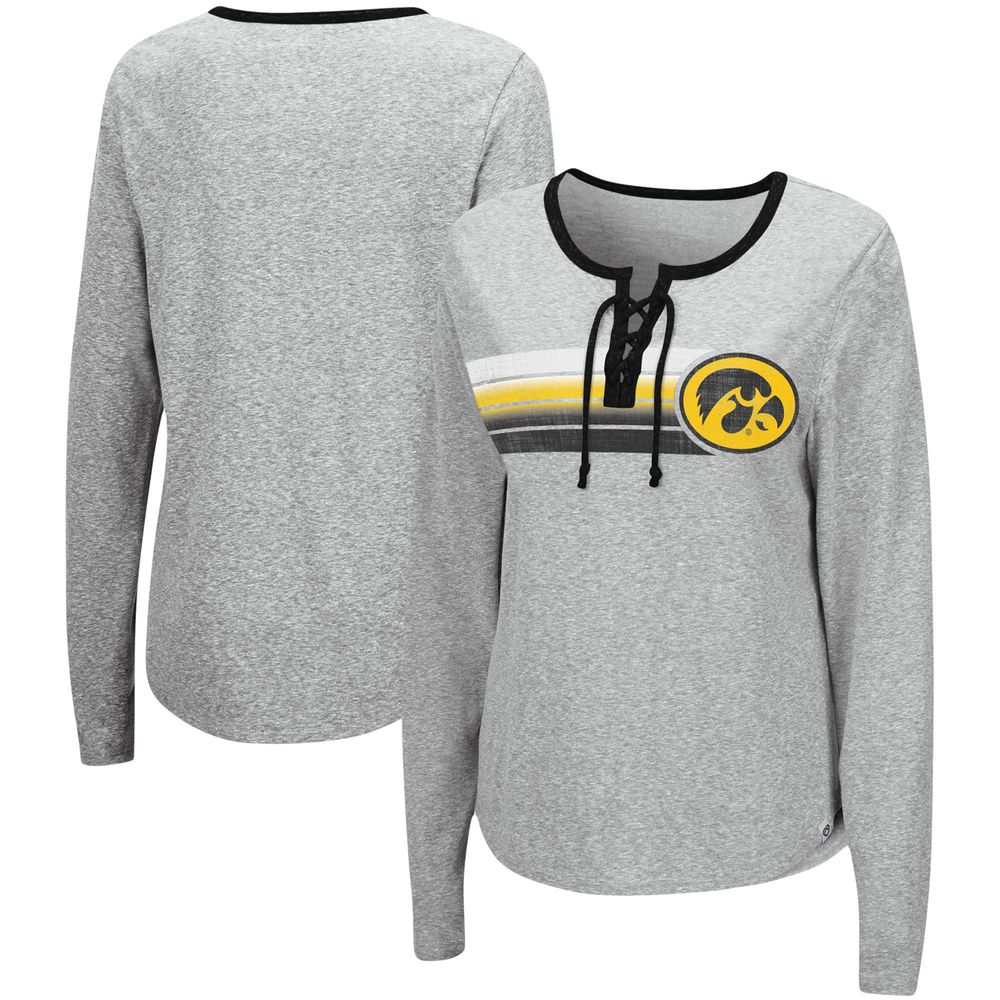 Women's Colosseum Heathered Gray Iowa Hawkeyes Sundial Tri-Blend Long Sleeve Lace-Up T-Shirt