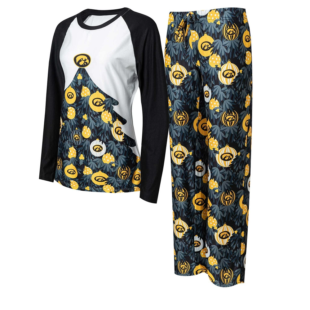 Women's Concepts Sport Black Iowa Hawkeyes Tinsel Ugly Sweater Long Sleeve T-Shirt & Pants Sleep Set