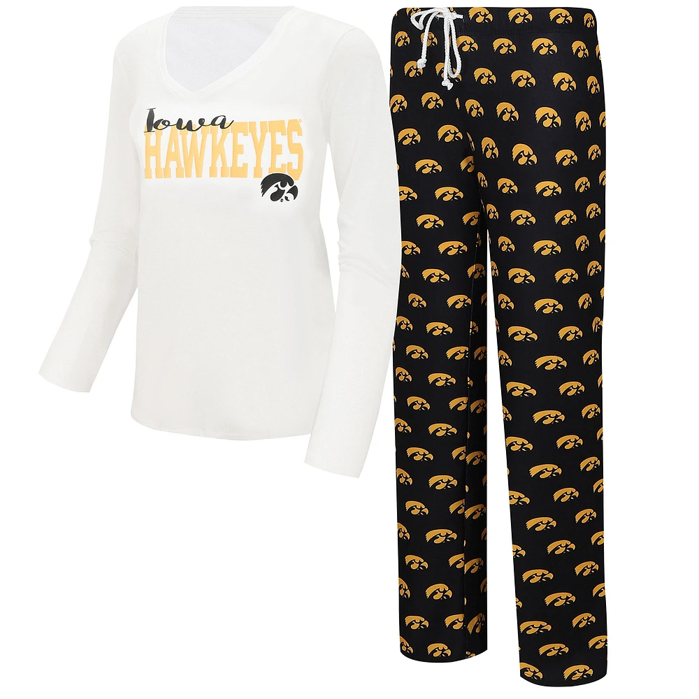 Women's Concepts Sport  White/Black Iowa Hawkeyes Long Sleeve V-Neck T-Shirt & Gauge Pants Sleep Set