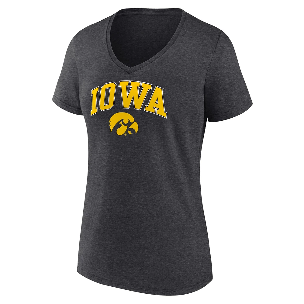 T-shirt à col en V pour femme Fanatics Heather Charcoal Iowa Hawkeyes Campus