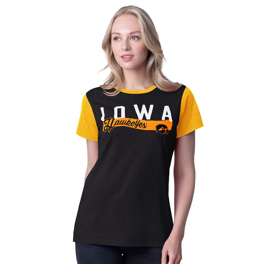 Women's G-III 4Her by Carl Banks Black Iowa Hawkeyes Racer Crewneck Ringer T-Shirt