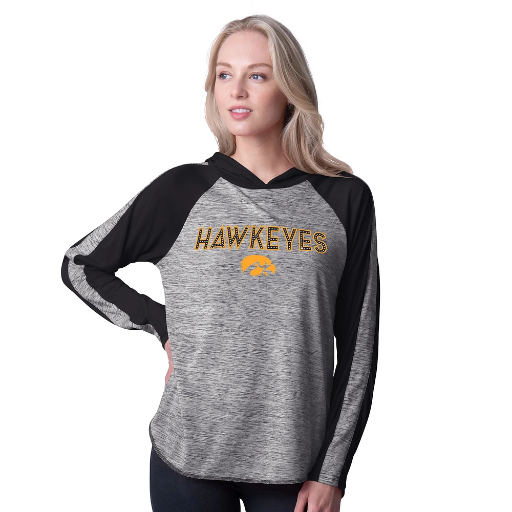 T-shirt à capuche manches longues G-III 4Her par Carl Banks pour femme, noir, Iowa Hawkeyes, Underdog Bling Raglan