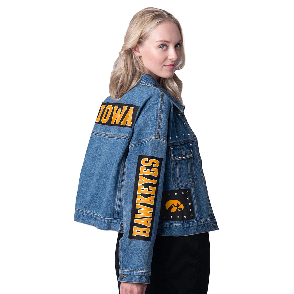 Veste en jean G-III 4Her pour femme de Carl Banks avec patchs et clous Game Ball Iowa Hawkeyes