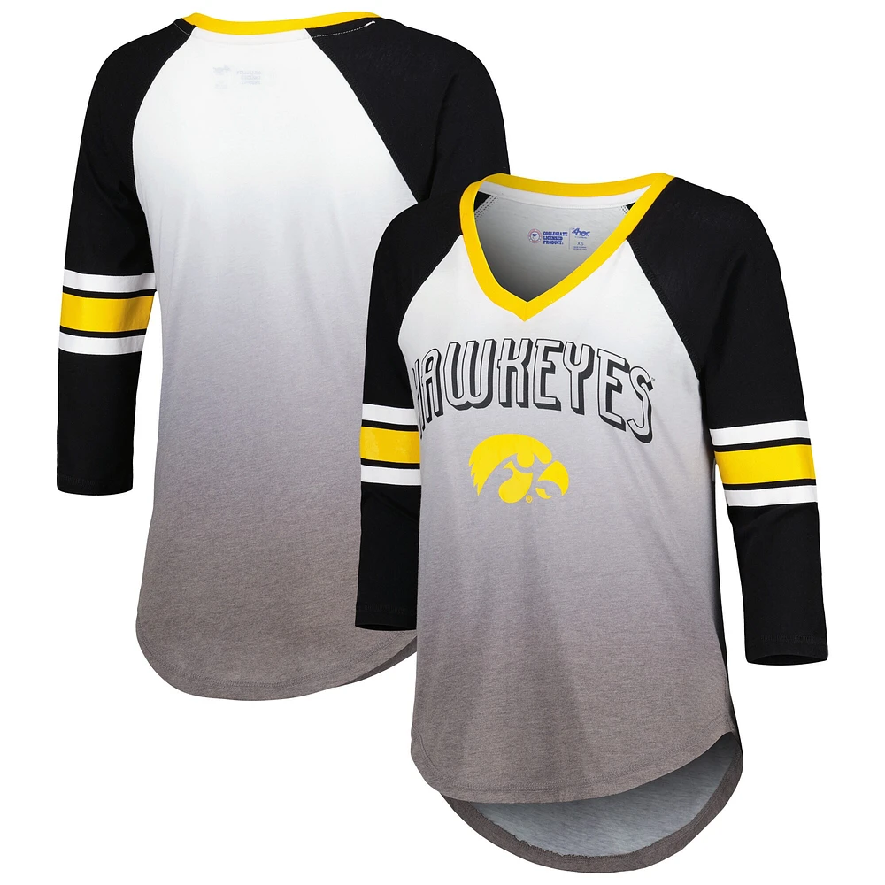 T-shirt G-III 4Her by Carl Banks pour femme blanc/noir Iowa Hawkeyes Lead Off Ombre Raglan à manches 3/4 et col en V