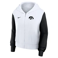 Sweat à capuche court Nike Iowa Hawkeyes blanc pour femme, zippé et imprimé color-block Beyond Capability
