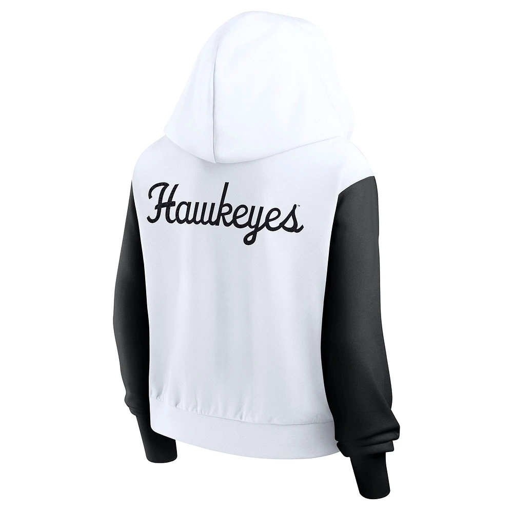 Sweat à capuche court Nike Iowa Hawkeyes blanc pour femme, zippé et imprimé color-block Beyond Capability