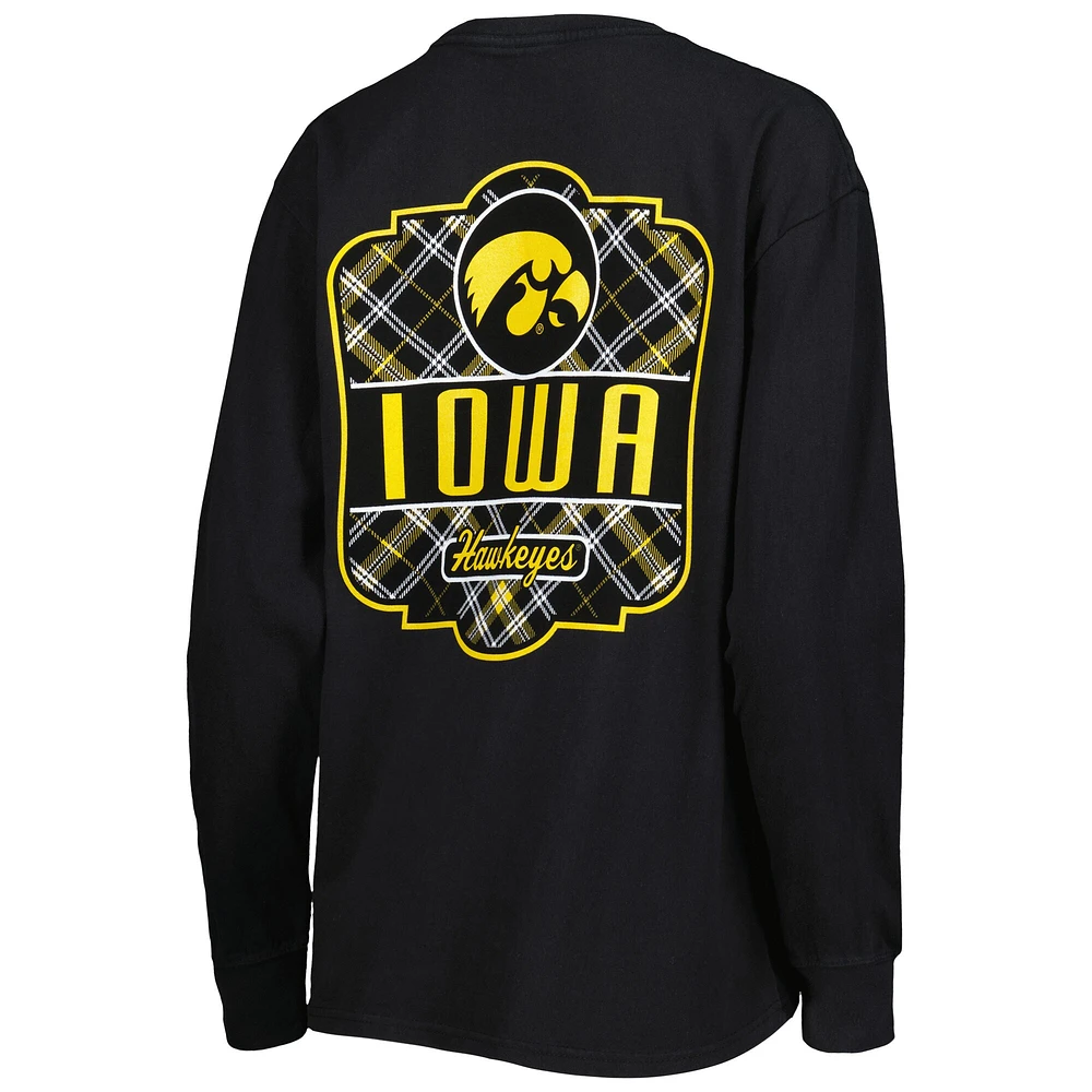 Women's Pressbox Black Iowa Hawkeyes Valencia Plaid 2-Hit Long Sleeve T-Shirt