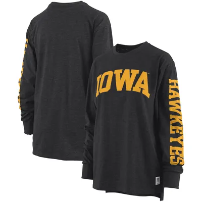 Women's Pressbox Heathered Black Iowa Hawkeyes Two-Hit Canyon Long Sleeve T-Shirt